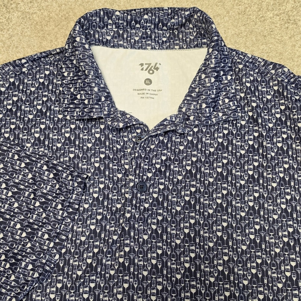1764 Golf Polo Shirt Mens XL Navy Blue Wine Glasses‎ Sommelier Moisture Wicking